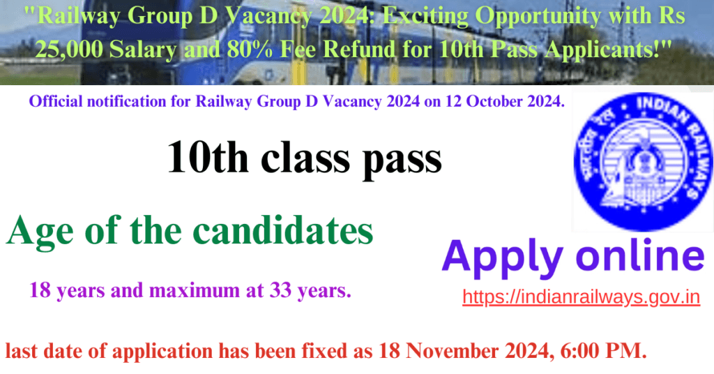 "Railway Group D Vacancy 2024: Exciting Opportunity with Rs 25,000 Salary and 80% Fee Refund for 10th Pass Applicants!"