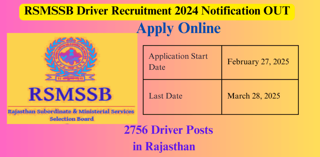 RSMSSB Driver Recruitment 2024 Notification OUT: Exciting Opportunity to Apply Online for 2756 Driver Posts in Rajasthan