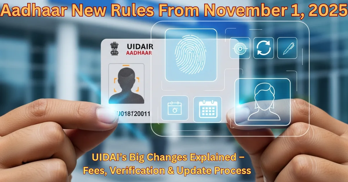Person holding Aadhaar card with digital UIDAI interface showing new Aadhaar update rules effective from November 1, 2025.