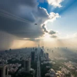 Delhi air pollution 2025 cloud seeding image showing artificial rain clearing smog over city skyline