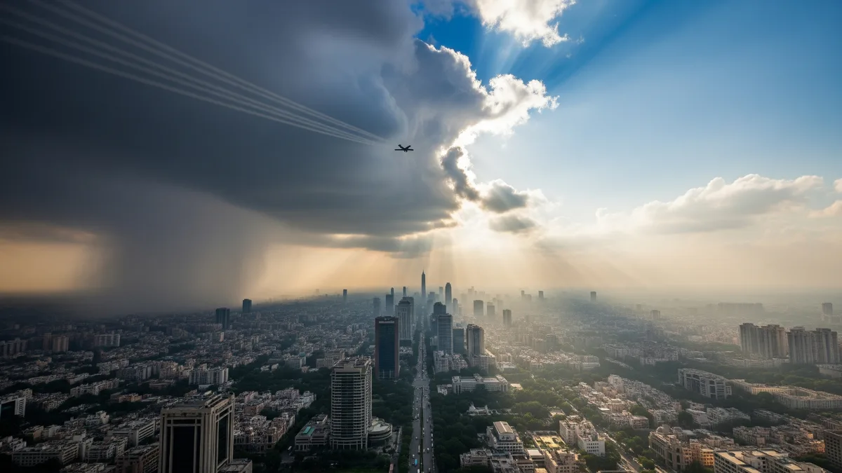 Delhi air pollution 2025 cloud seeding image showing artificial rain clearing smog over city skyline