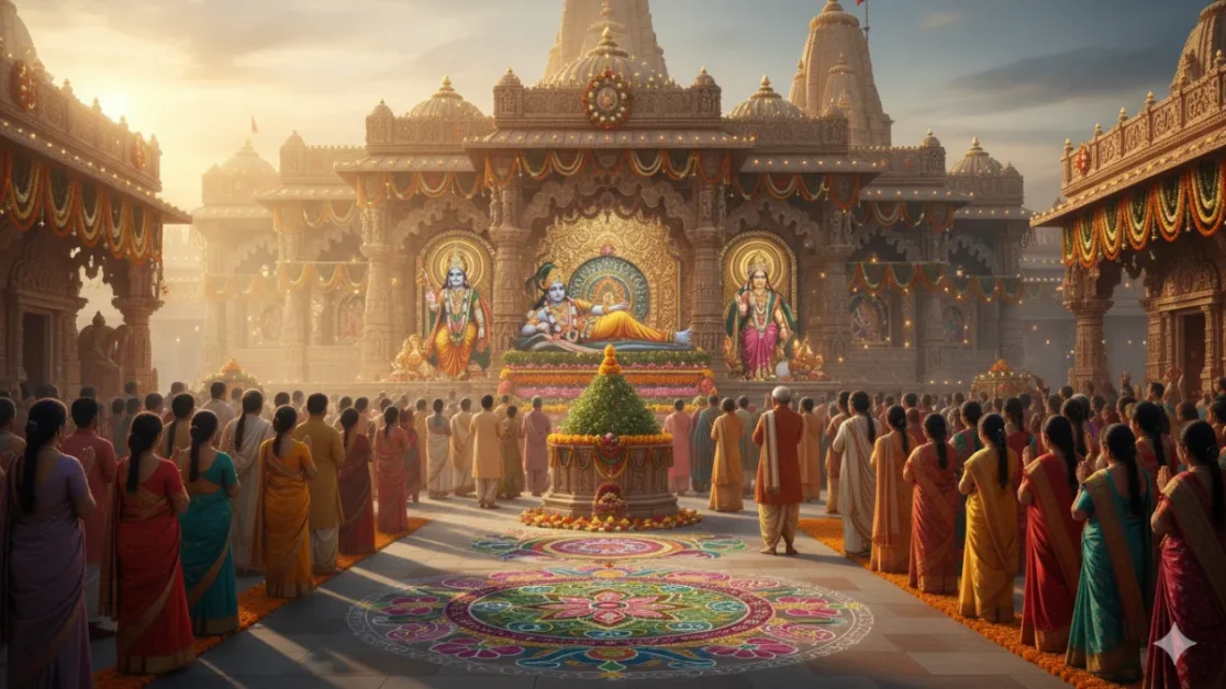 Devotees worshiping Lord Vishnu and Goddess Lakshmi on Dev Uthani Ekadashi 2025 with lamps, tulsi plant, and rangoli at a decorated Hindu temple