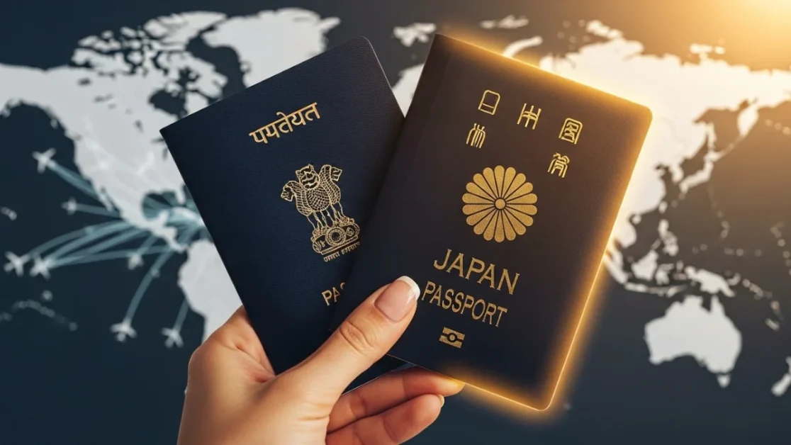 Henley Passport Index 2025 ranking graph showing most powerful passports like Japan and Singapore vs Indian passport.