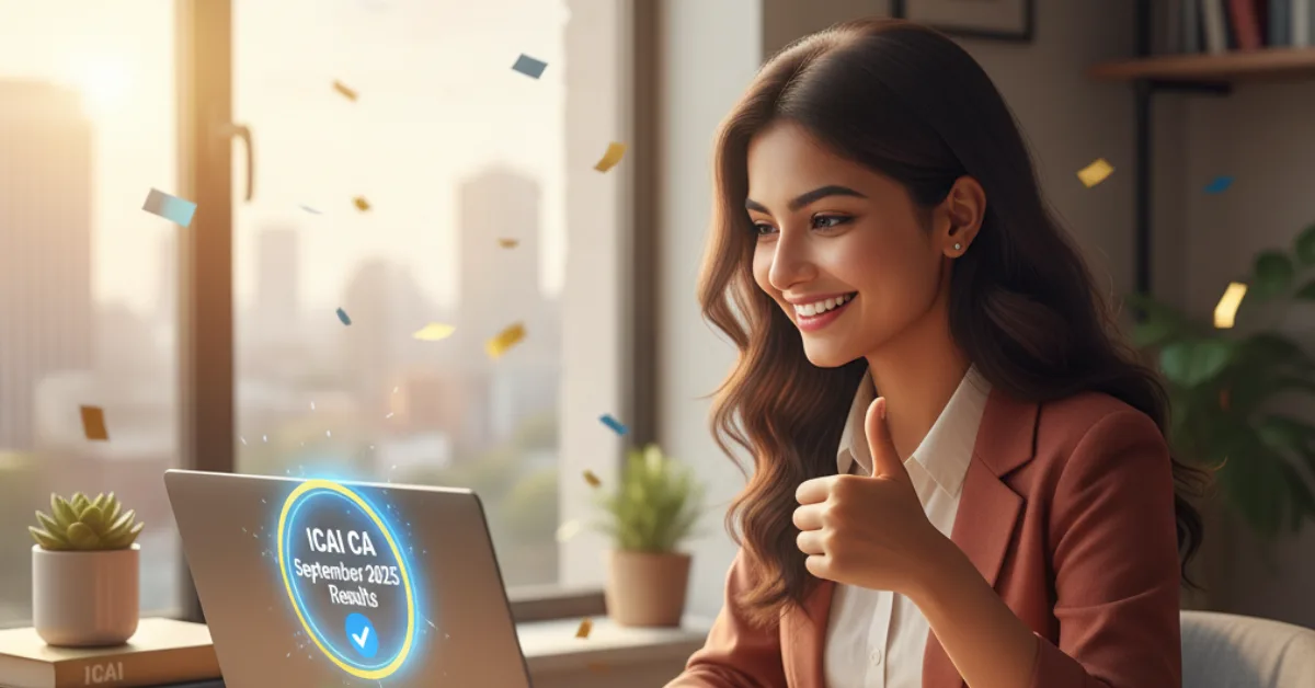 Student checking ICAI CA September 2025 results online on laptop, celebrating success, Foundation, Intermediate and Final exams