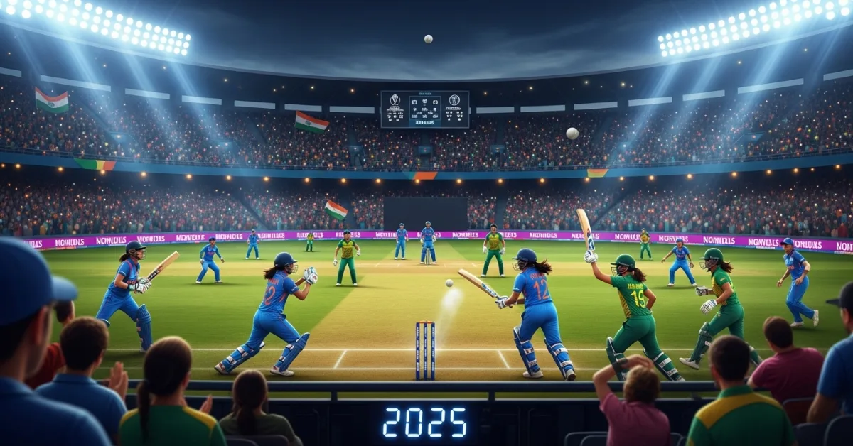 India vs South Africa Women’s Cricket World Cup 2025 match action scene with players, stadium, and cheering crowd