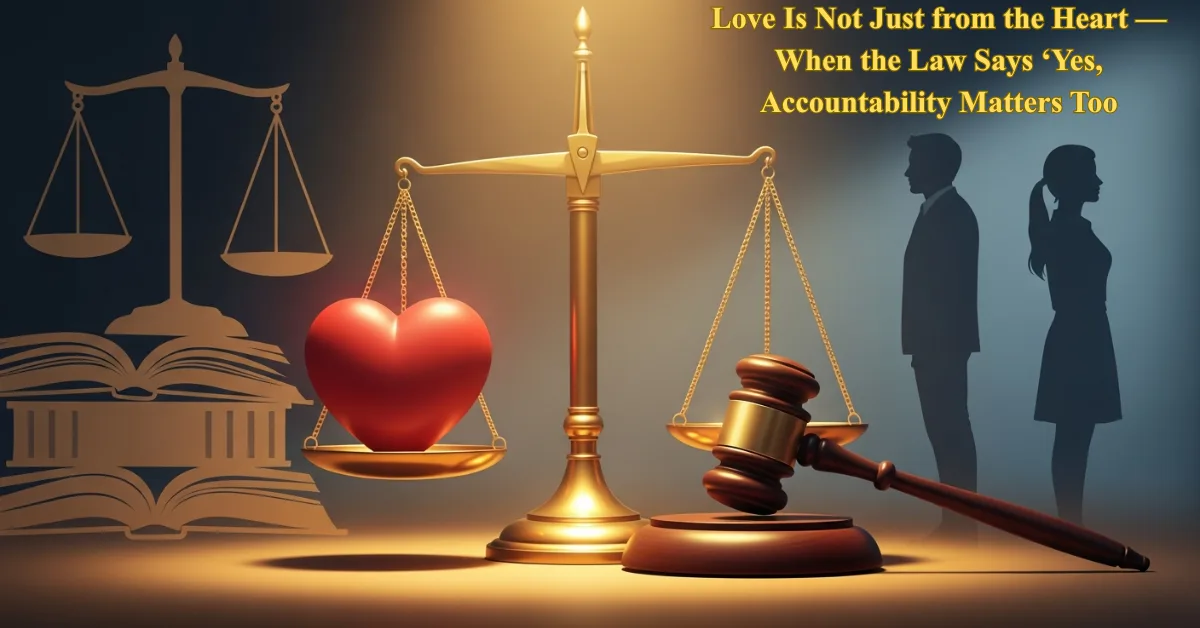 Illustration showing balance between love and law — a heart and gavel on a justice scale symbolizing emotional responsibility and legal accountability in relationships.