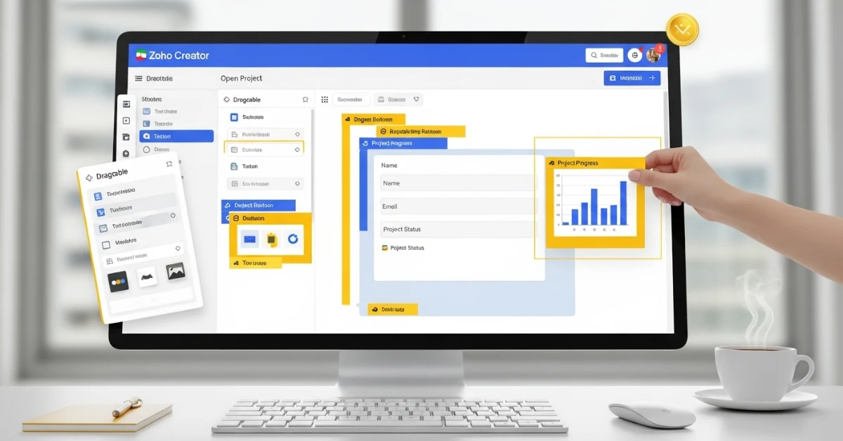 Zoho Creator low-code app builder dashboard with drag-and-drop design tools