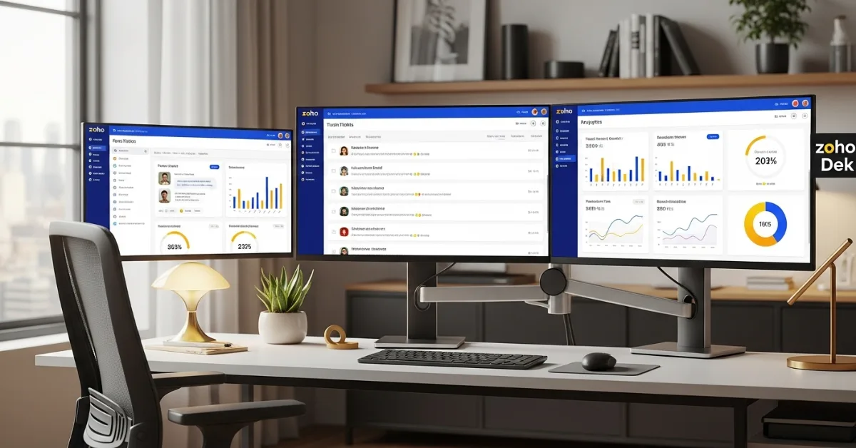 Zoho Desk customer support dashboard showing ticket management and live chat interface