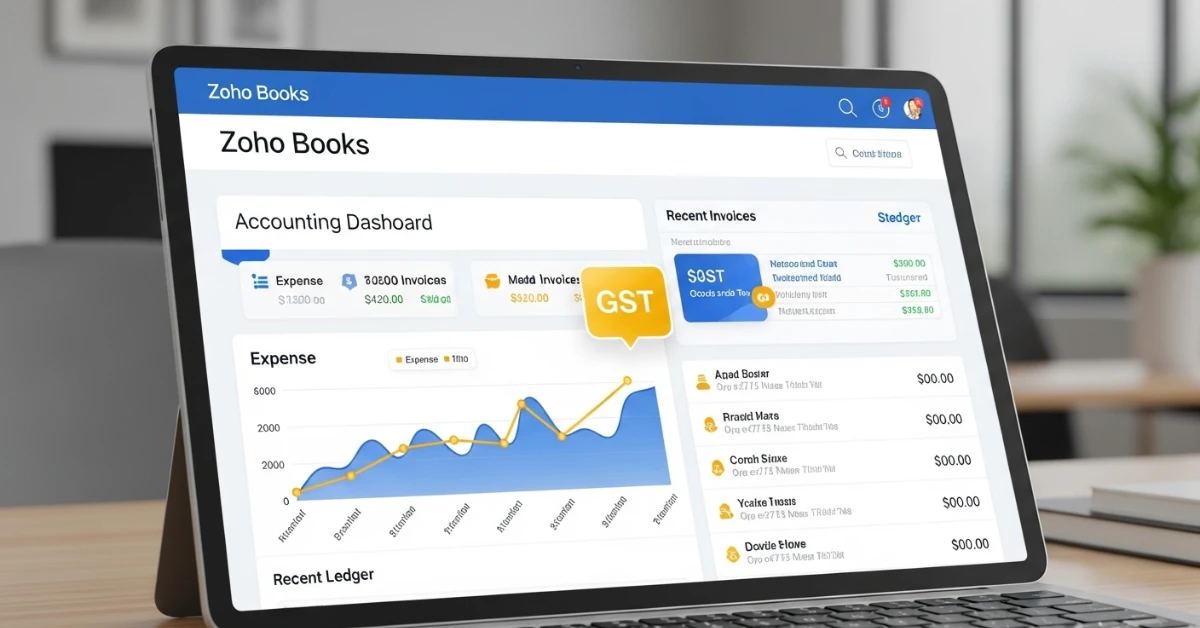 Zoho Books accounting dashboard with invoices, expense charts, and GST compliance tools