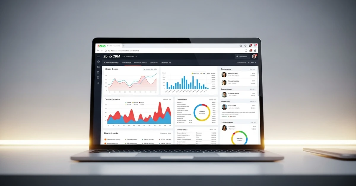 Zoho CRM dashboard showing analytics, customer data, and AI-powered tools