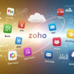 Complete Zoho Software Suite showing all Zoho apps in a colorful digital workspace with yellow, orange, white, blue, and golden tones