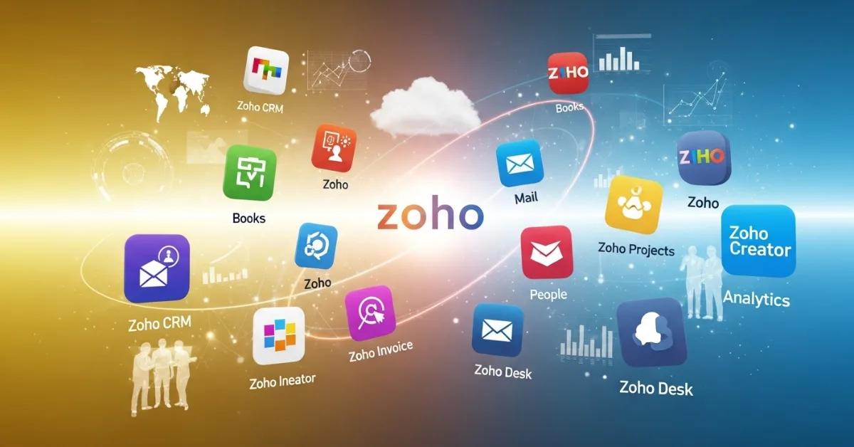 Complete Zoho Software Suite showing all Zoho apps in a colorful digital workspace with yellow, orange, white, blue, and golden tones