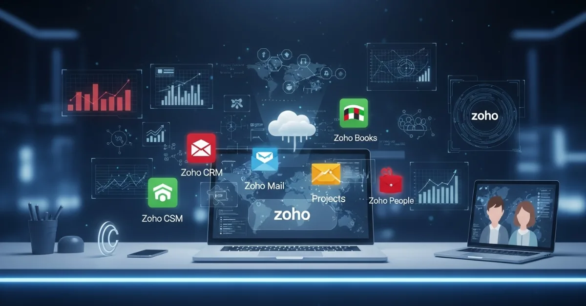 Zoho Software Suite dashboard showing integrated business apps including CRM, Books, and People