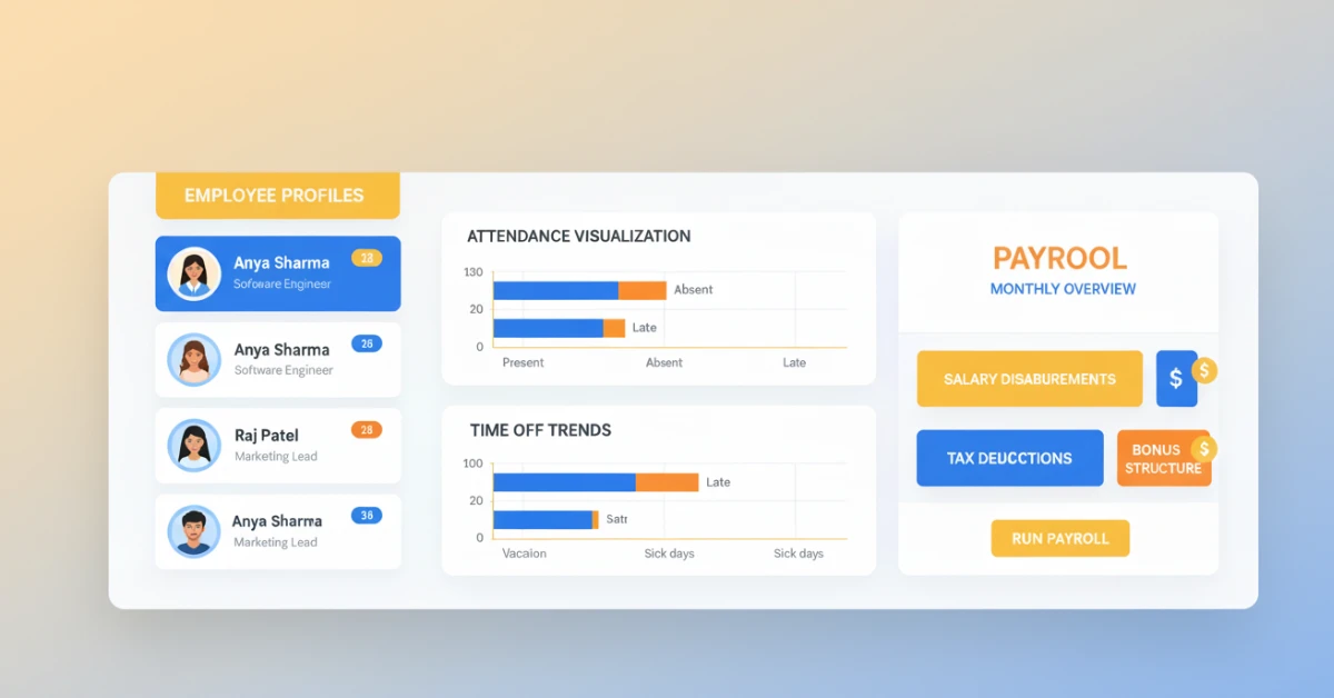 Zoho People dashboard showing employee management, attendance, and payroll features
