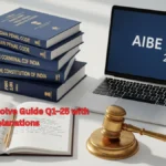 AIBE 19 (2024) question paper illustration featuring law books, a gavel, and exam notes arranged neatly for legal exam preparation.