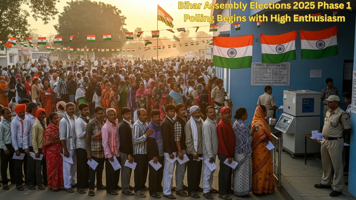 Voters queue outside a polling booth during the first phase of Bihar Assembly Elections 2025, with security personnel and EVM machines visible.