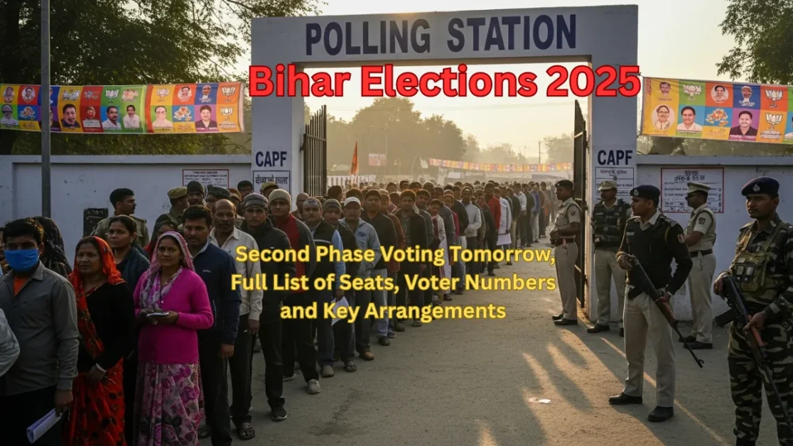 Voters stand in line outside a Bihar polling station with security personnel during the second phase of Bihar Elections 2025.