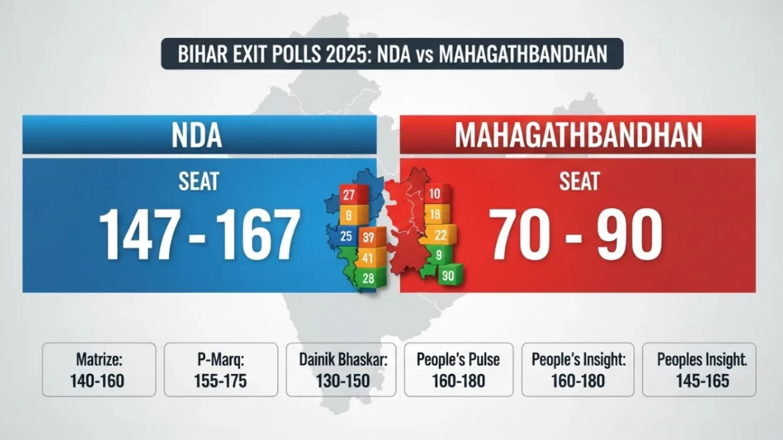 Bihar Exit Polls 2025 NDA vs Mahagathbandhan infographic showing seat projections for NDA, Mahagathbandhan and other parties in Bihar Assembly Election 2025 with colourful chart and high-contrast design