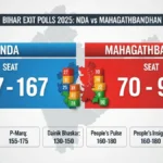 Bihar Exit Polls 2025 NDA vs Mahagathbandhan: Who Will Win Bihar? Bihar Exit Polls 2025 NDA vs Mahagathbandhan infographic showing seat projections for NDA, Mahagathbandhan and other parties in Bihar Assembly Election 2025 with colourful chart and high-contrast design