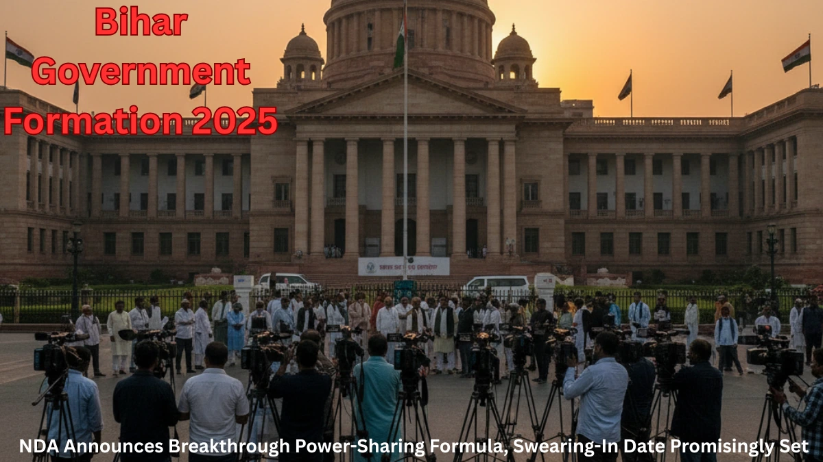 Bihar Legislative Assembly with media presence during NDA government formation and power-sharing announcement in 2025.