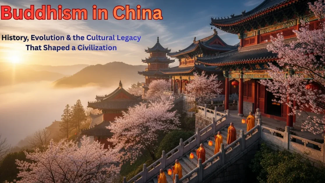 Ancient Chinese Buddhist temple on a misty mountain at sunrise with monks walking and traditional red pagodas