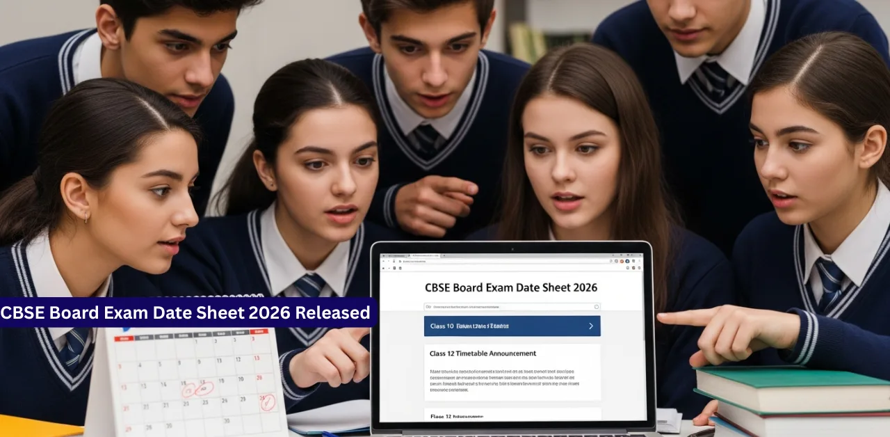 Students checking the CBSE 2026 board exam date sheet on a laptop with calendar and books in the background – Class 10 and Class 12 timetable announcement