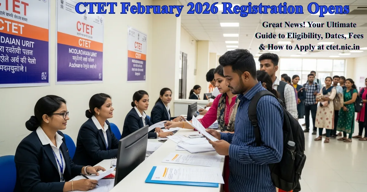 Applicants completing CTET February 2026 registration at an official help desk with CTET banners in background