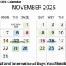 November 2025 calendar with highlighted national and international important days and events in a clean flat-style design
