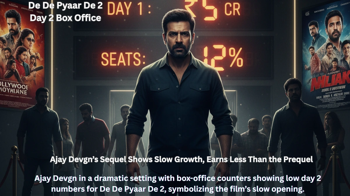 Ajay Devgn in a dramatic setting with box-office counters showing low day 2 numbers for De De Pyaar De 2, symbolizing the film’s slow opening.
