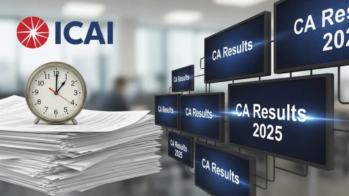 ICAI CA September 2025 result date and time announcement visual with ICAI logo and clock.