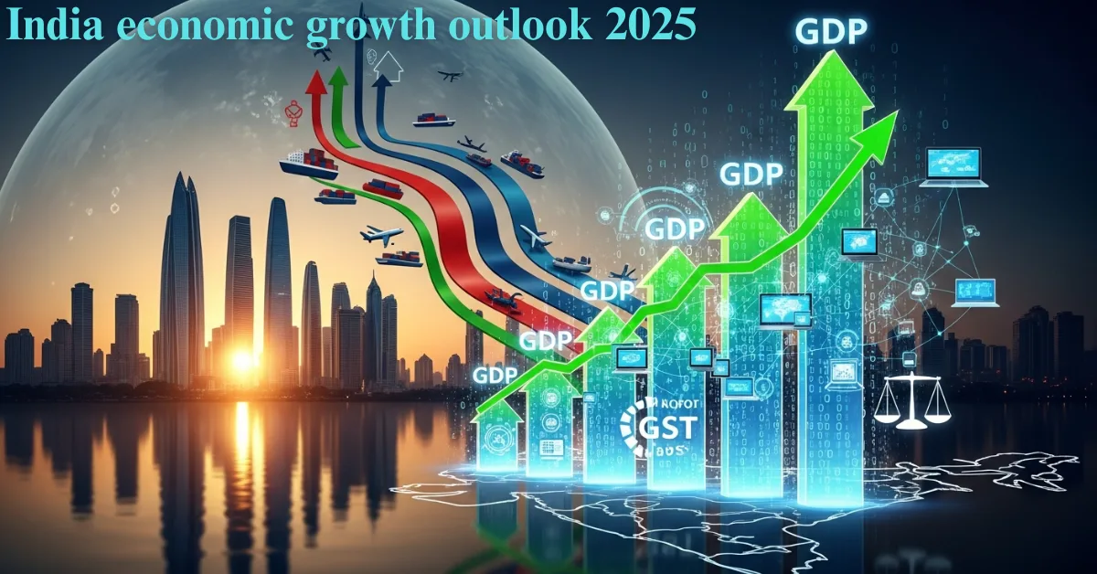 India economic growth outlook 2025 showing rising GDP graph, GST reforms, and strong economic performance.