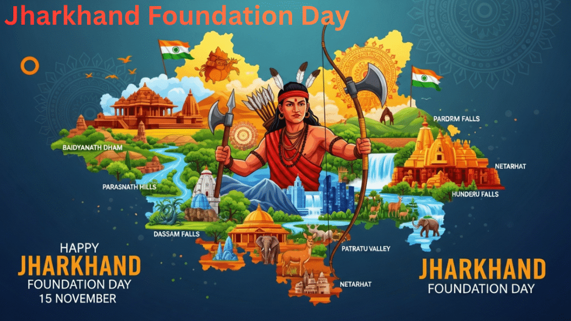 Jharkhand Foundation Day artwork showing a tribal warrior with traditional weapons, surrounded by famous Jharkhand landmarks, waterfalls, temples, and cultural motifs inside the state map
