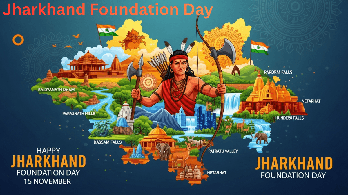 Jharkhand Foundation Day artwork showing a tribal warrior with traditional weapons, surrounded by famous Jharkhand landmarks, waterfalls, temples, and cultural motifs inside the state map