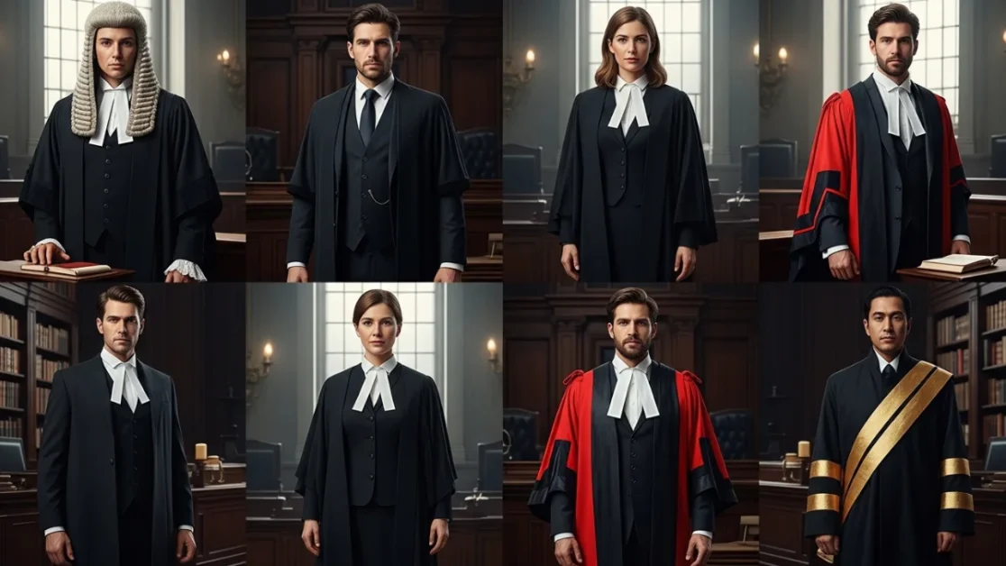 Professional composite image showing multiple advocates in traditional London courtroom uniforms, including barrister robes, solicitor suits and judge attire — generated using London advocate uniform prompts Google Gemini AI 2025, realistic legal fashion representation.