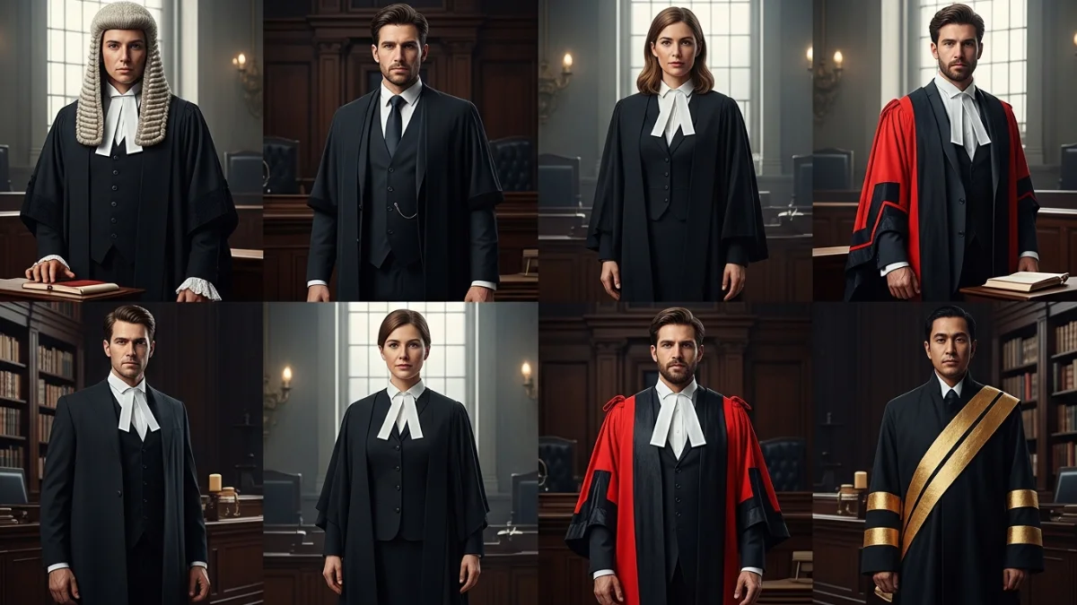 Professional composite image showing multiple advocates in traditional London courtroom uniforms, including barrister robes, solicitor suits and judge attire — generated using London advocate uniform prompts Google Gemini AI 2025, realistic legal fashion representation.