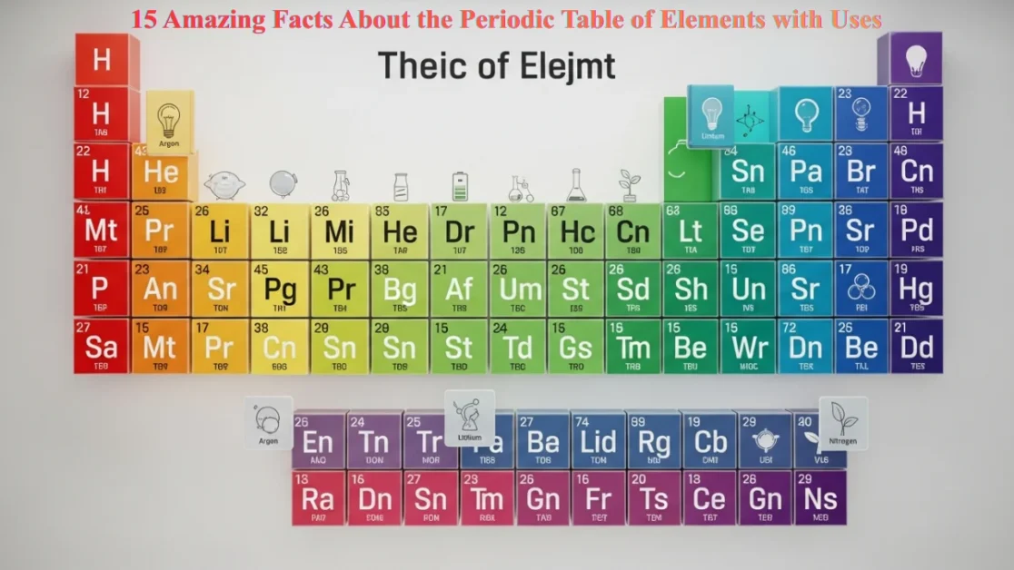 Modern Periodic Table of Elements with uses highlighted in a colorful scientific chart