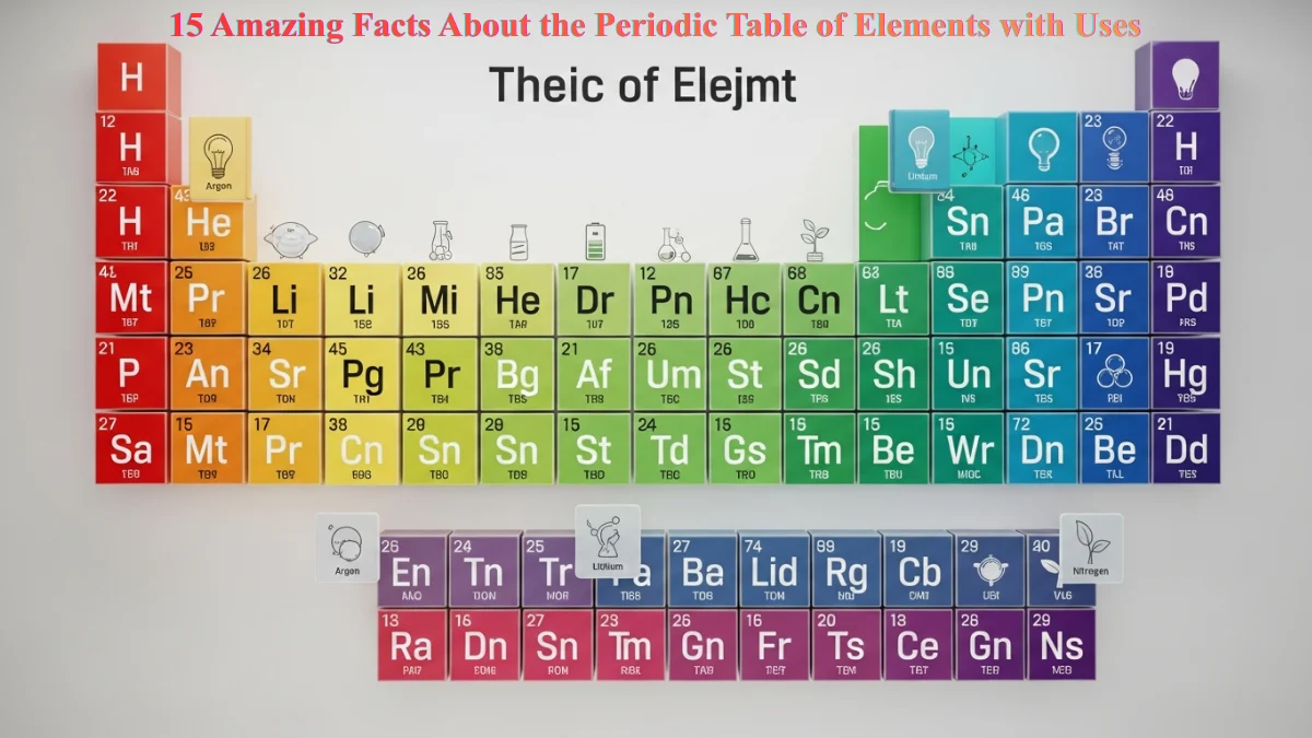Modern Periodic Table of Elements with uses highlighted in a colorful scientific chart