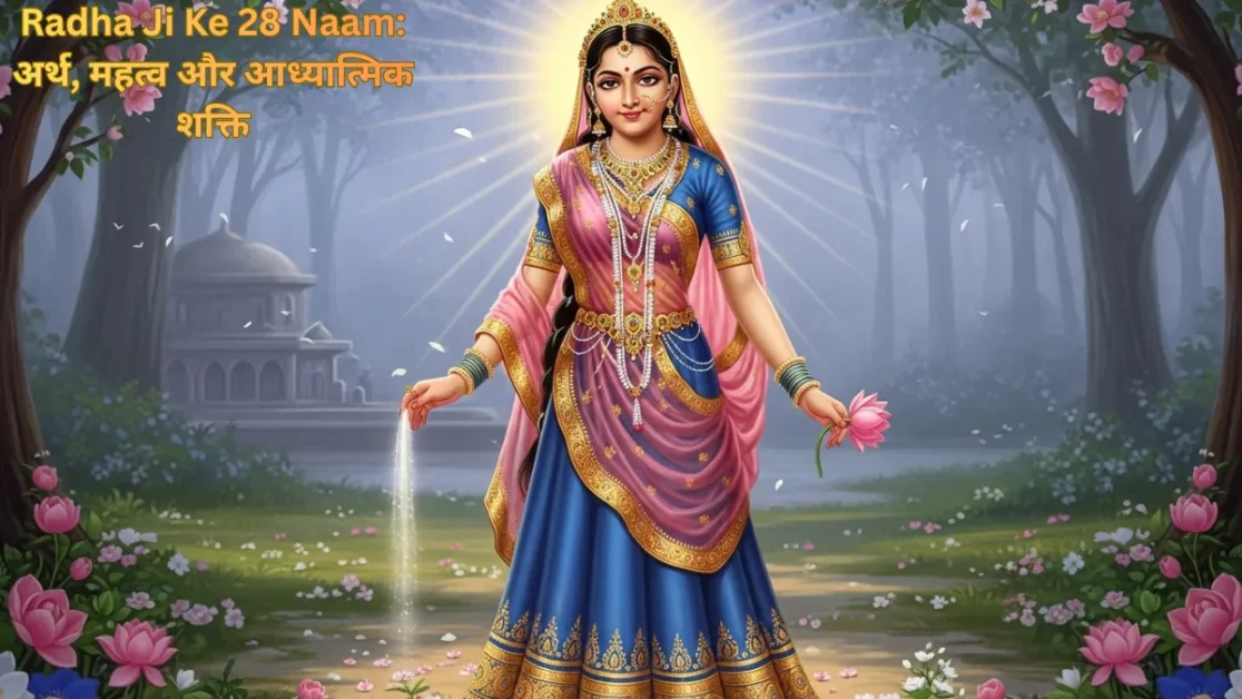 Radha Ji Ke 28 Naam“Radha Ji standing gracefully in Vrindavan with a lotus flower, representing the divine essence of Radha Ji Ke 28 Naam and their spiritual significance.”