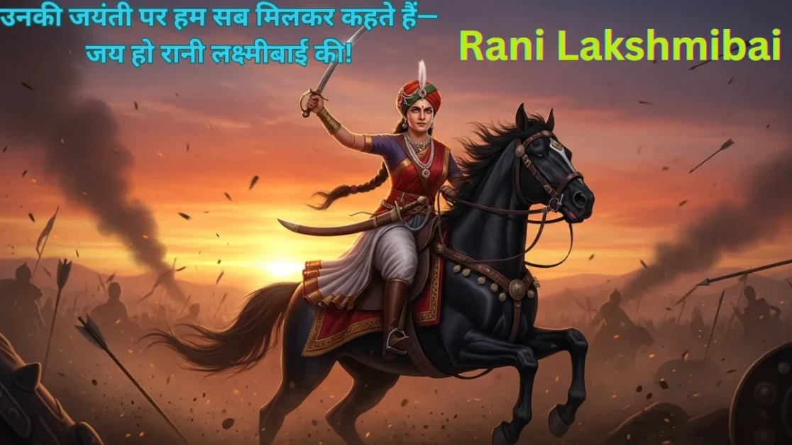 "Rani Lakshmibai riding a horse with a sword, symbolizing her bravery and leadership during the 1857 freedom struggle – Jhansi Ki Rani illustrated in orange sunrise background."