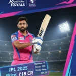 Sanju Samson IPL 2025 price graphic showing Rajasthan Royals captain with stadium background