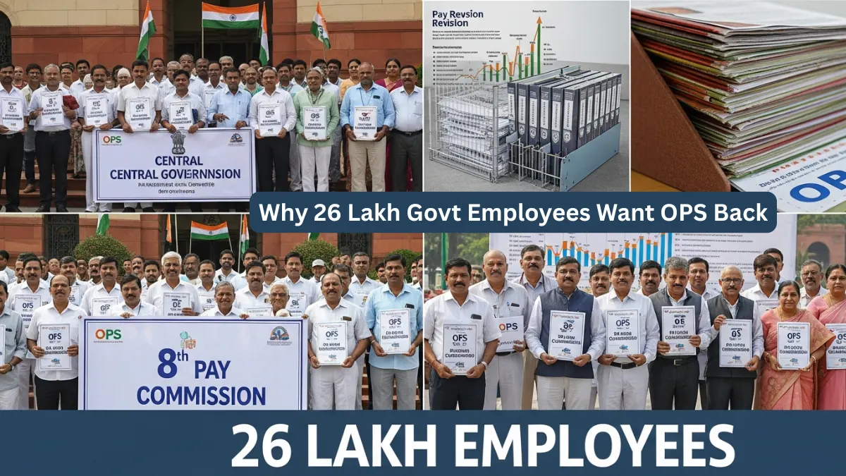 Central Government employees demanding Old Pension Scheme (OPS) restoration and pension revision under the 8th Pay Commission, holding documents near a government building in New Delhi.