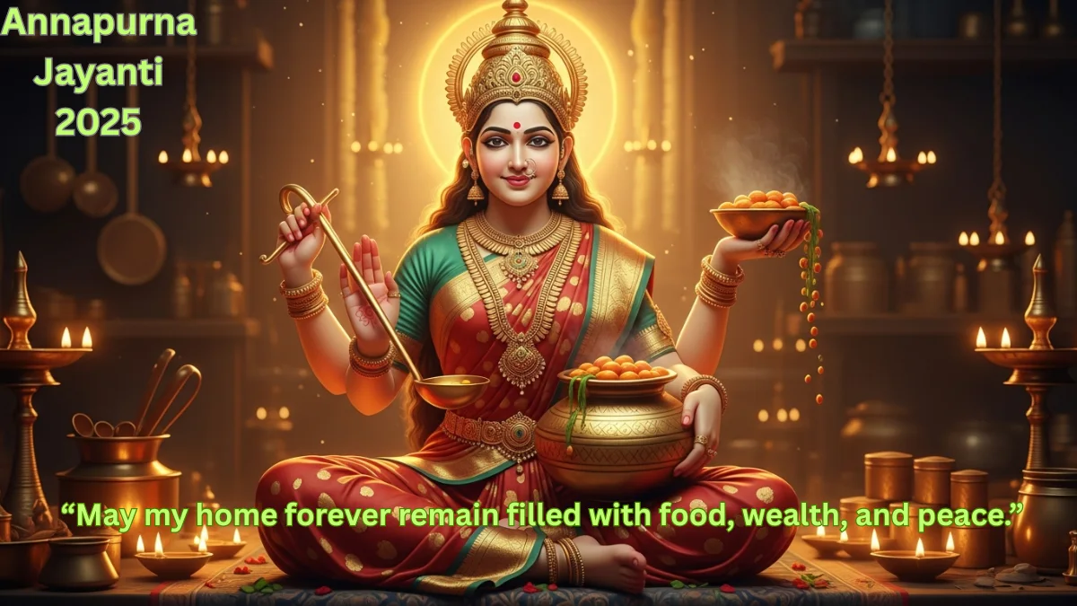 Goddess Annapurna blessing devotees on Annapurna Jayanti 2025 with abundance, food prosperity and divine nourishment