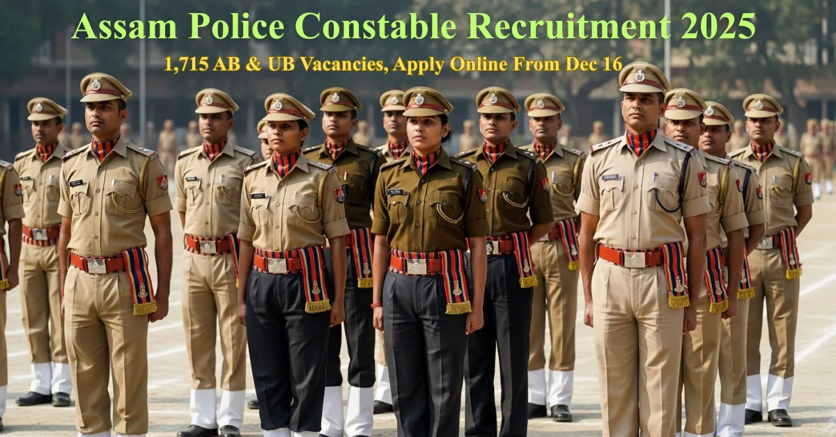 Assam Police Constable Recruitment 2025 – Assam Police constables in uniform standing in parade formation during selection and training.