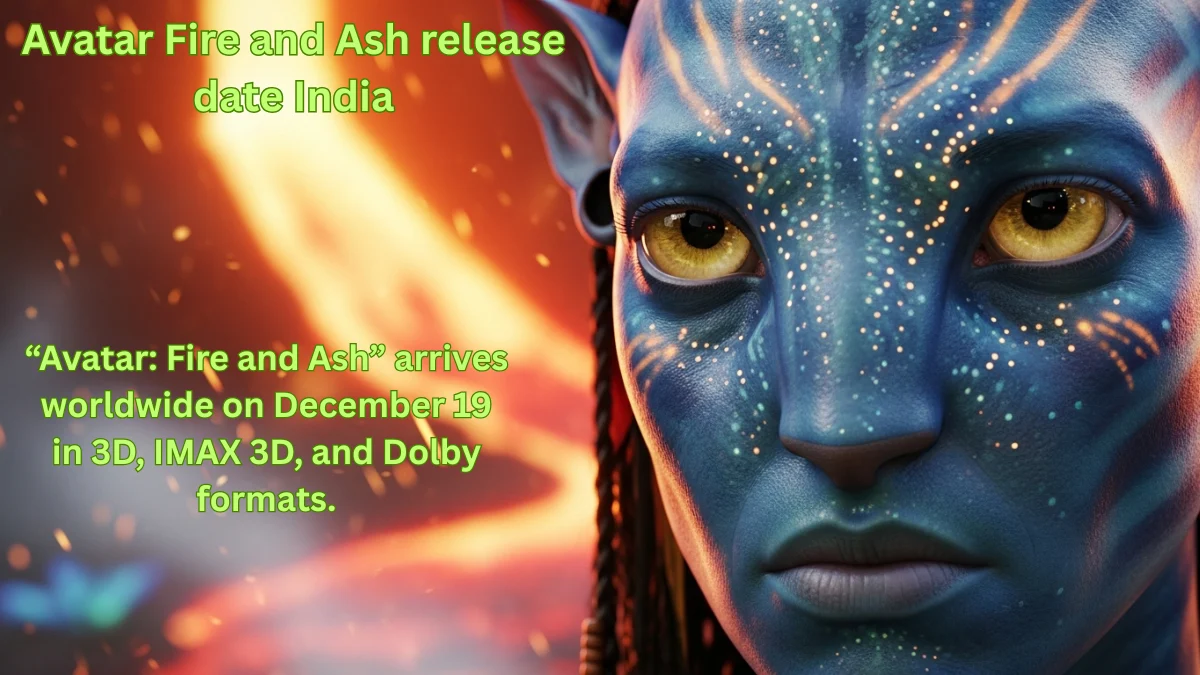 “Avatar Fire and Ash movie poster close-up of Na’vi warrior face with glowing eye and fire background.”