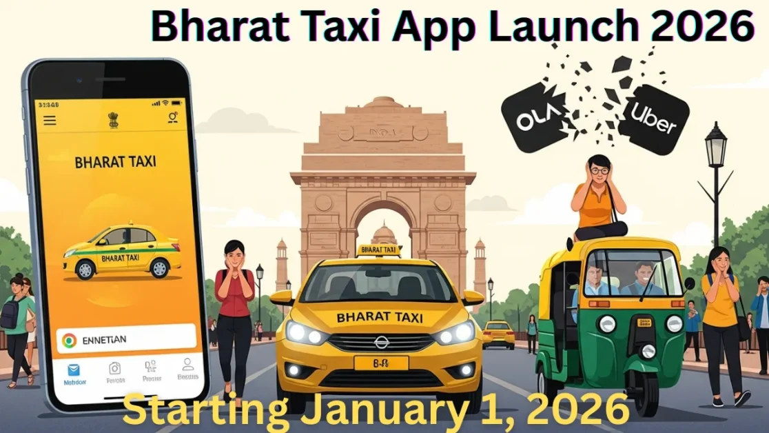“Bharat Taxi app launched by Government of India in Delhi to end surge pricing and challenge Ola-Uber monopoly from January 1, 2026.”