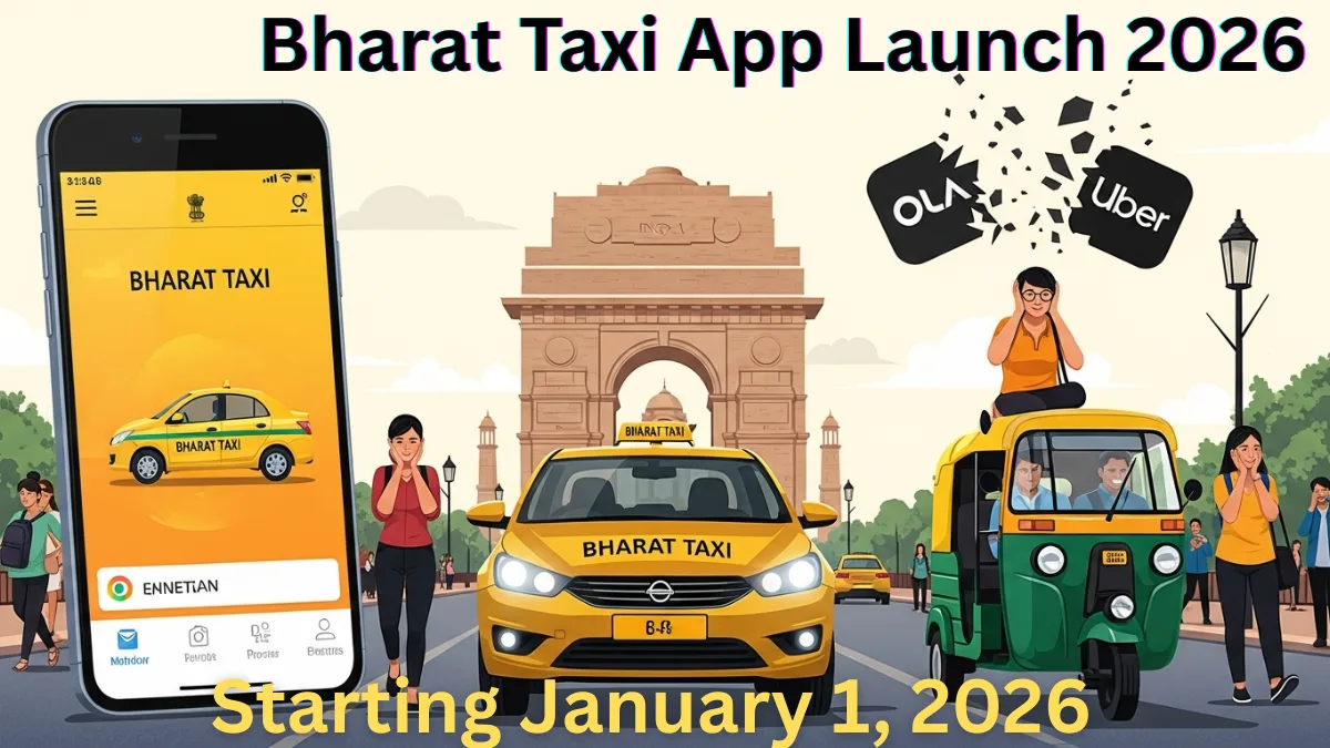 “Bharat Taxi app launched by Government of India in Delhi to end surge pricing and challenge Ola-Uber monopoly from January 1, 2026.”