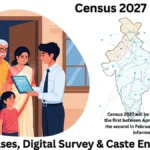 Census 2027 Explained: Complete Dates, Phases, Digital Survey & Positive Caste Enumeration Digital illustration of an Indian census enumerator using a tablet to record data from a family at their doorstep for Census 2027, symbolising India’s first fully digital caste-inclusive census.