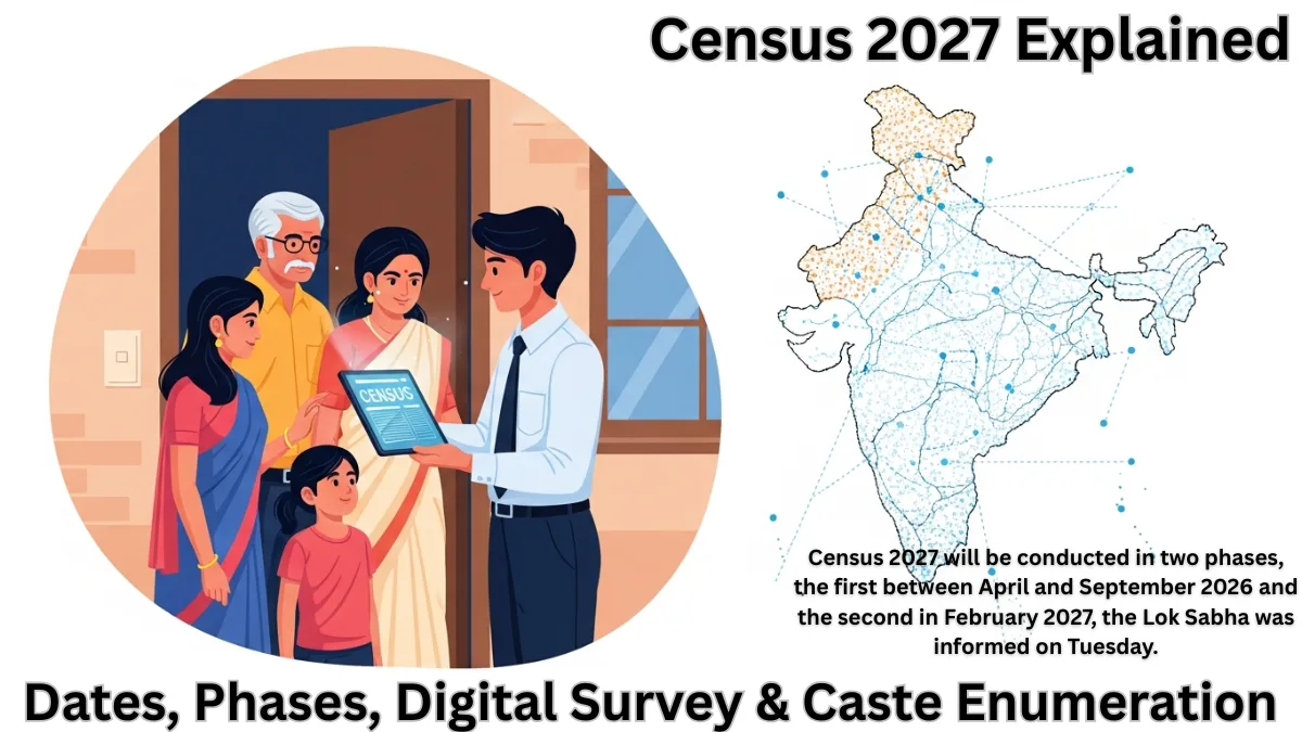 Digital illustration of an Indian census enumerator using a tablet to record data from a family at their doorstep for Census 2027, symbolising India’s first fully digital caste-inclusive census.