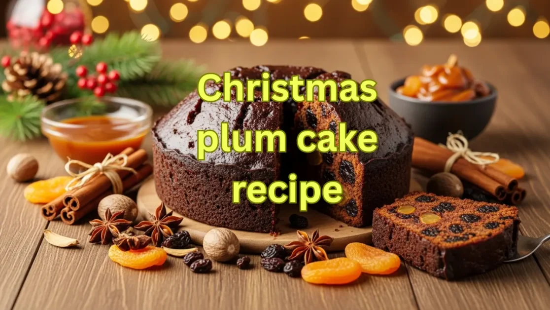 Traditional Christmas plum cake sliced on a festive table, made with soaked dried fruits, warm spices, and caramel syrup