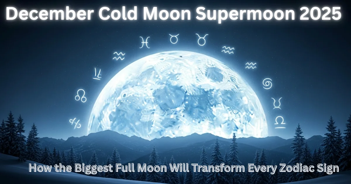 December Cold Moon Supermoon 2025, the biggest and brightest full moon of the year glowing over a winter night sky with zodiac constellations.
